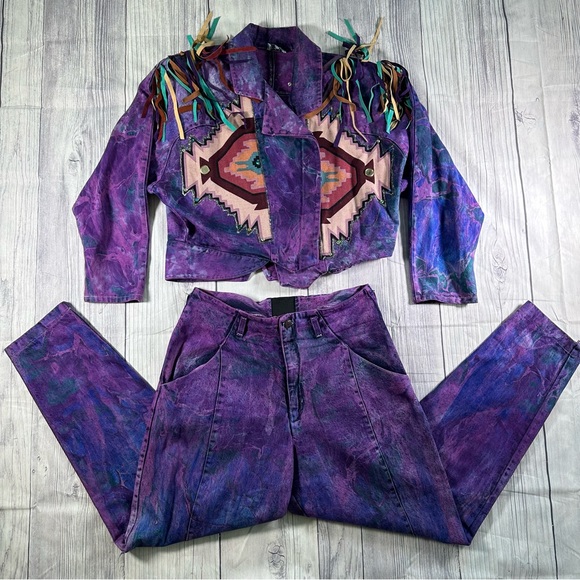 Charle Casuals of California Jackets & Blazers - Vintage 80s Aztec Western Watercolor Tie-dye Print Denim Jacket Pants Set